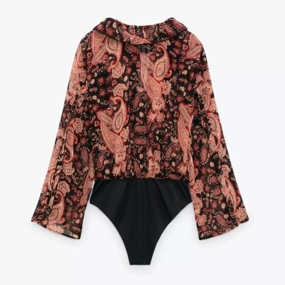 Zara Printed Ruffled Bodysuit Multicolor Sz XS - Picture 2 of 13